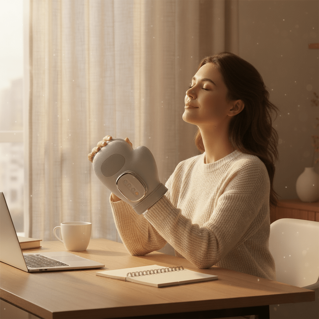 Woman using Dreemo Aura heated compression hand massager at her desk for carpal tunnel and hand pain relief