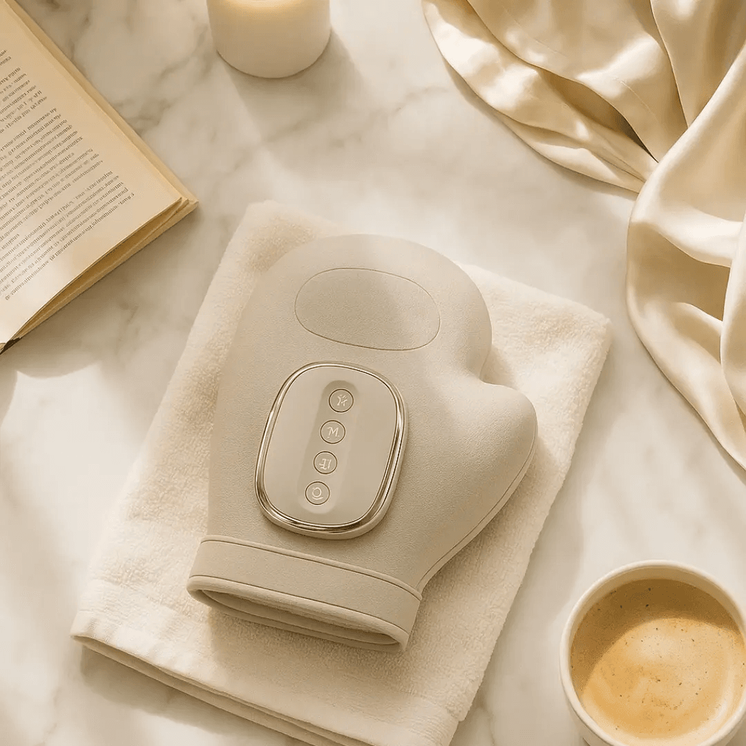 Beige handheld massager on a marble surface with a book, cup, and fabric.