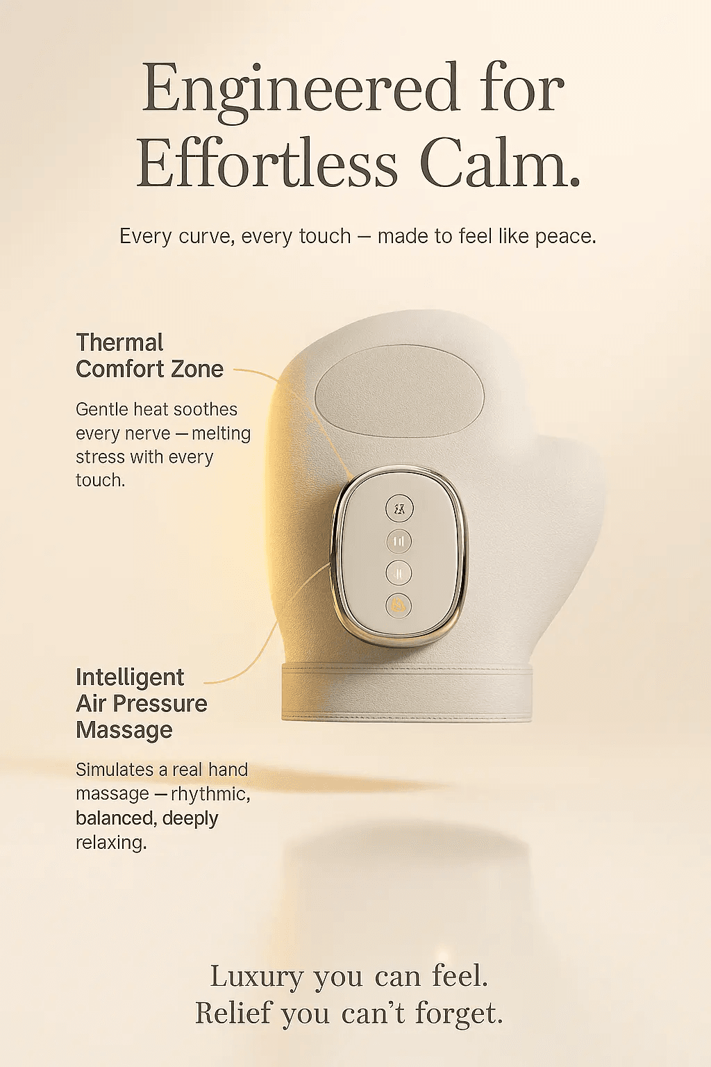 Massage device with text highlighting features on a beige background