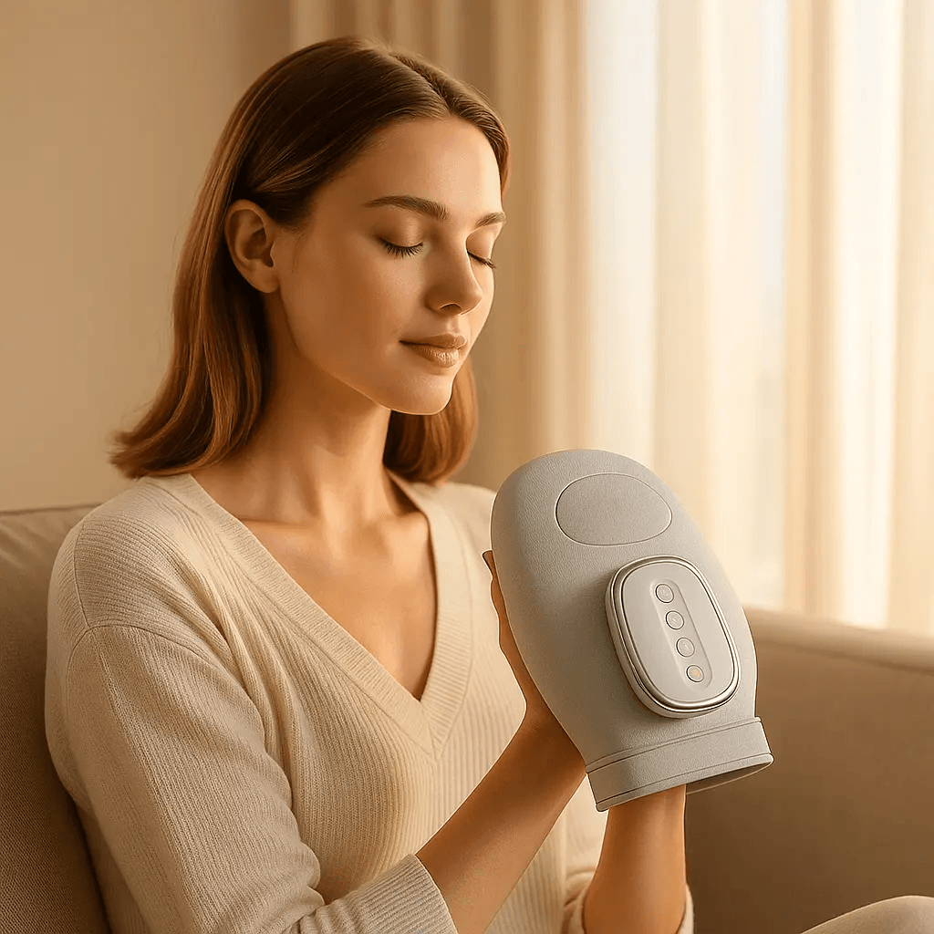 Woman holding a gray handheld massager in a warm, softly lit room.