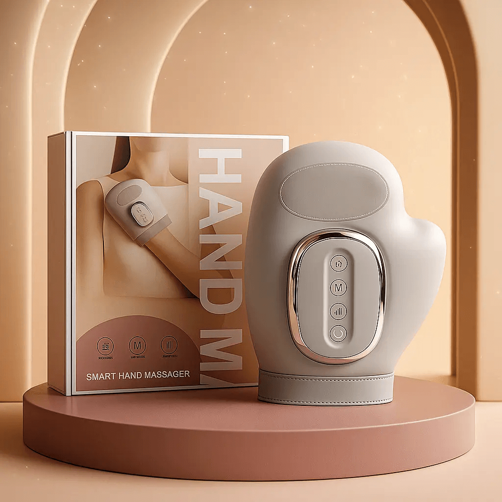 Smart hand massager with packaging on a beige background