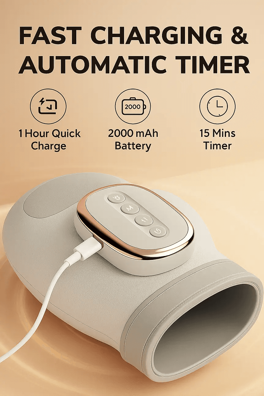 Portable electronic device with charging cable on a beige background, featuring text about fast charging and automatic timer.