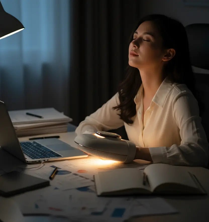 Woman sitting at a desk with a laptop and books, illuminated by a lamp in a dimly lit room.