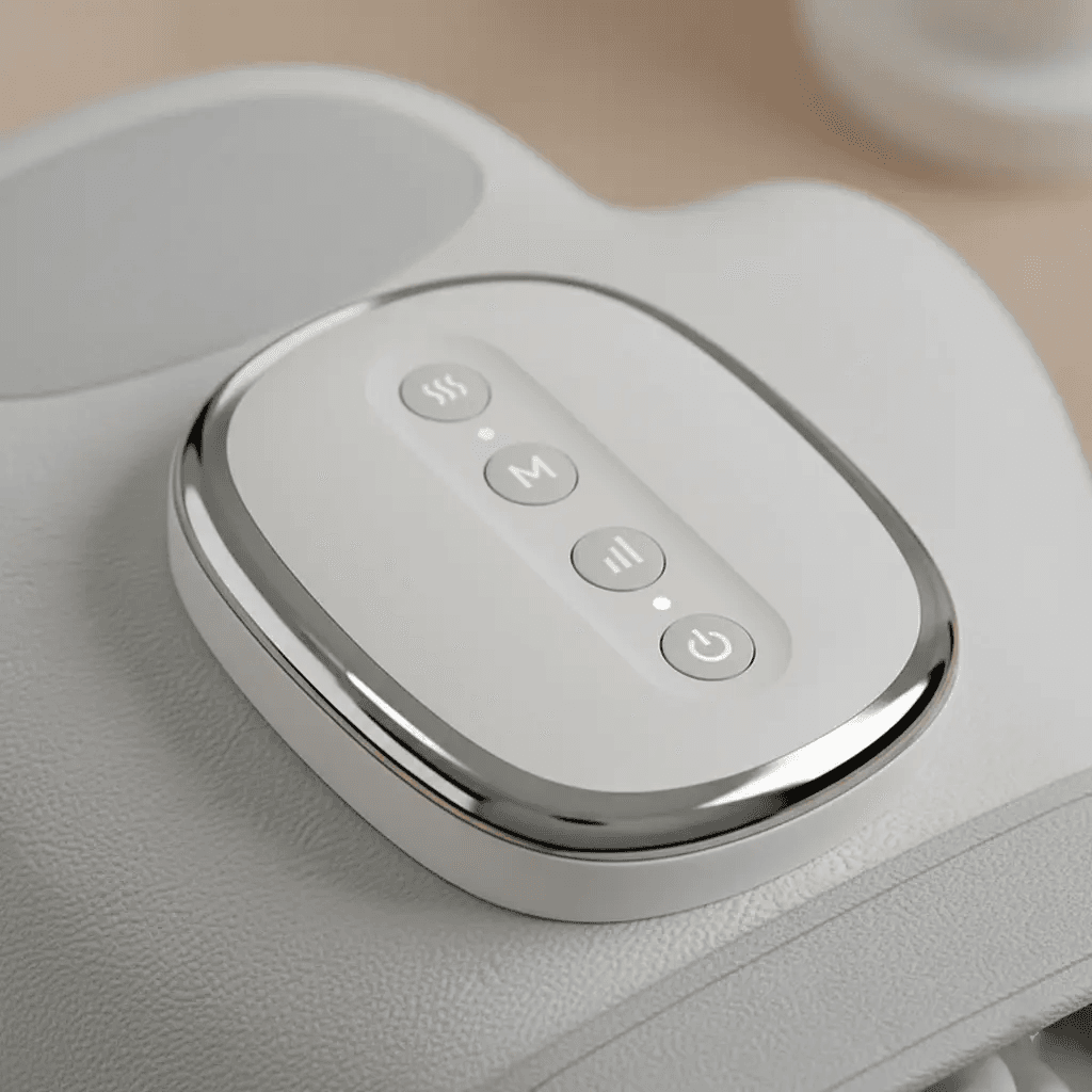 Control panel of a white hand massager with buttons on a beige background