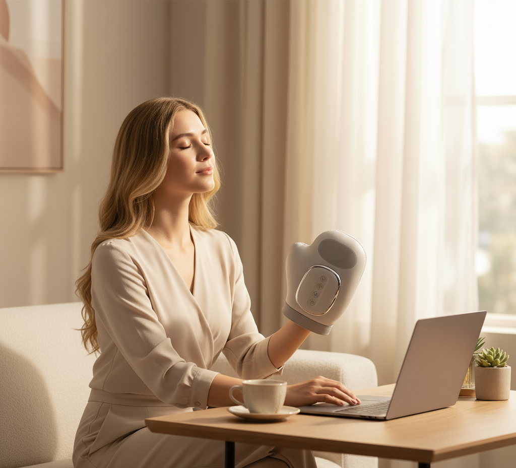 A women holding a handheld heated massager