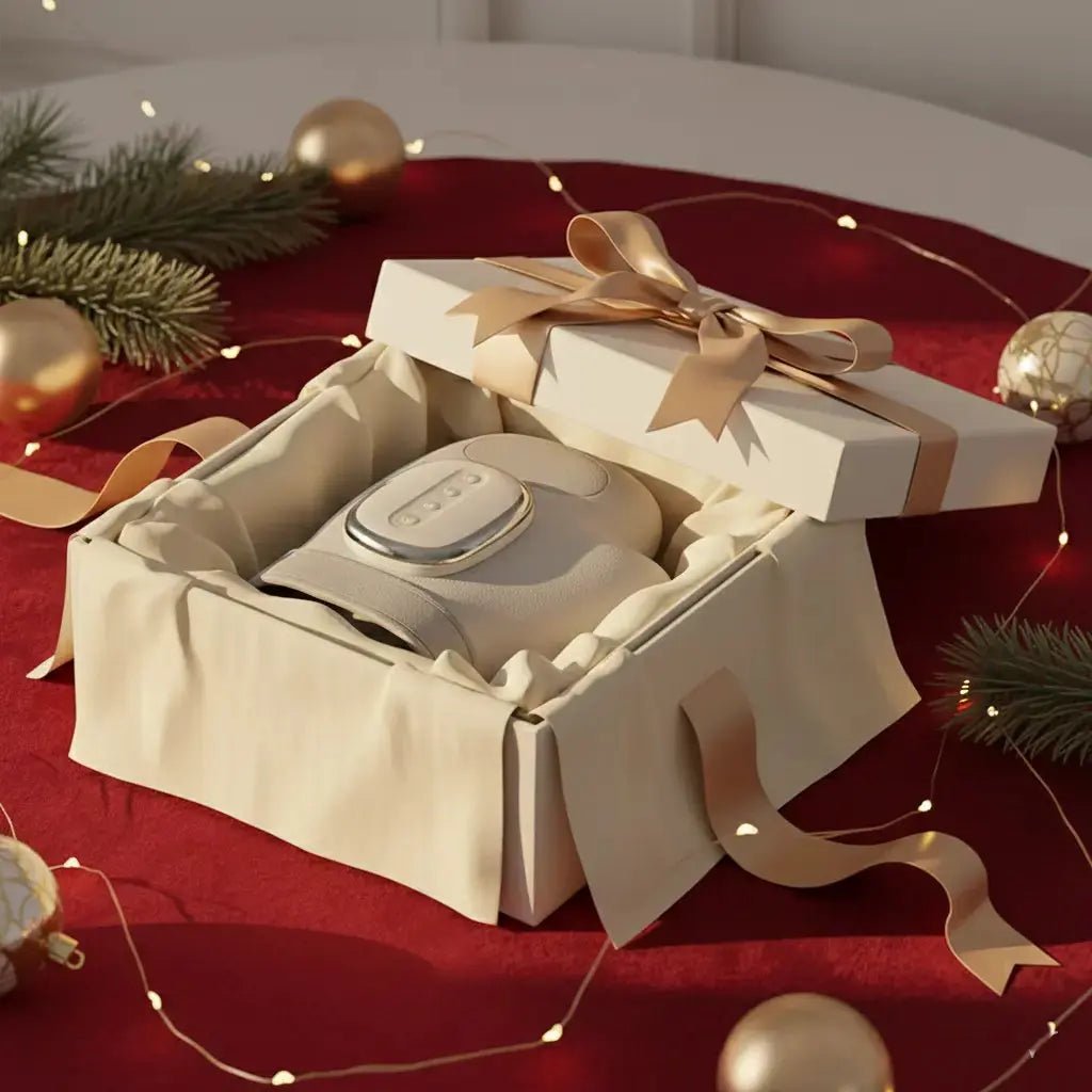 White head massager in a gift box with festive decorations on a red surface