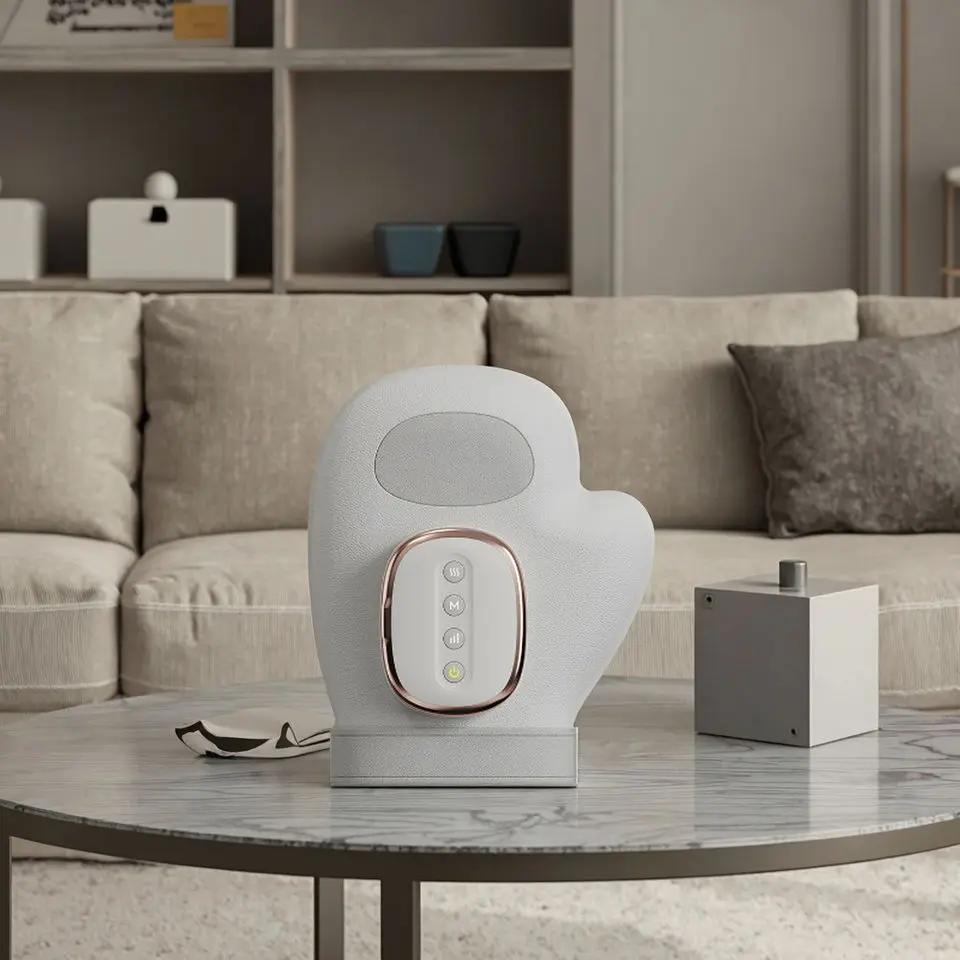 White speaker on a marble coffee table in a living room setting