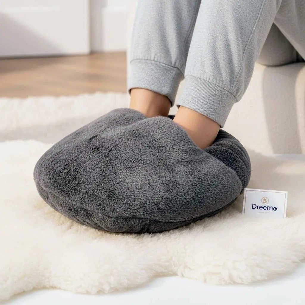 Person using a gray foot warming pad on a white surface with 'Dreemo' branding visible.