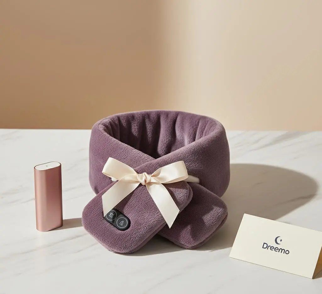 Purple heated scraf with a bow and a small device on a light surface, with 'Dreemo' branding.