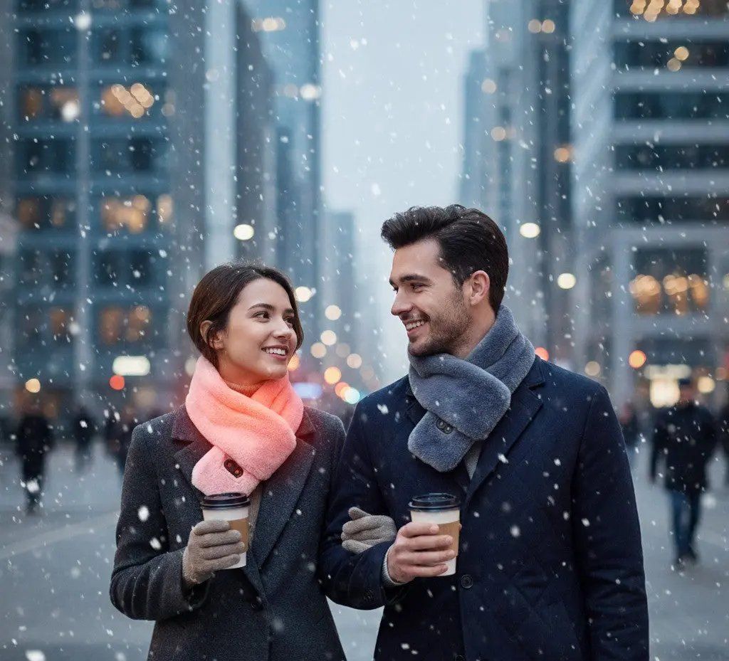Two people walking together in a snowy city street, holding coffee cups.